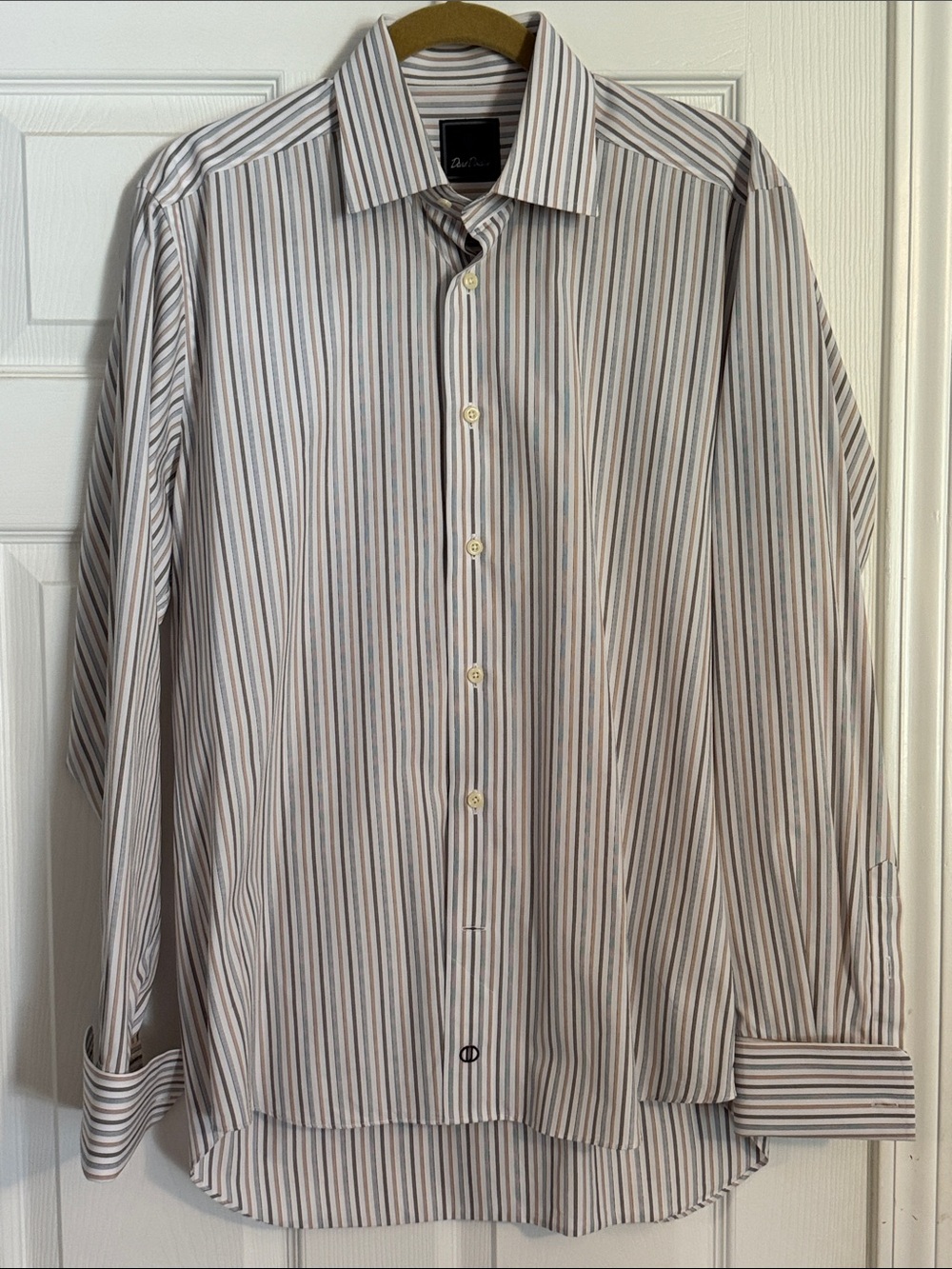 David Donahue Striped Dress Shirt in White, Blue & Brown French Cuff